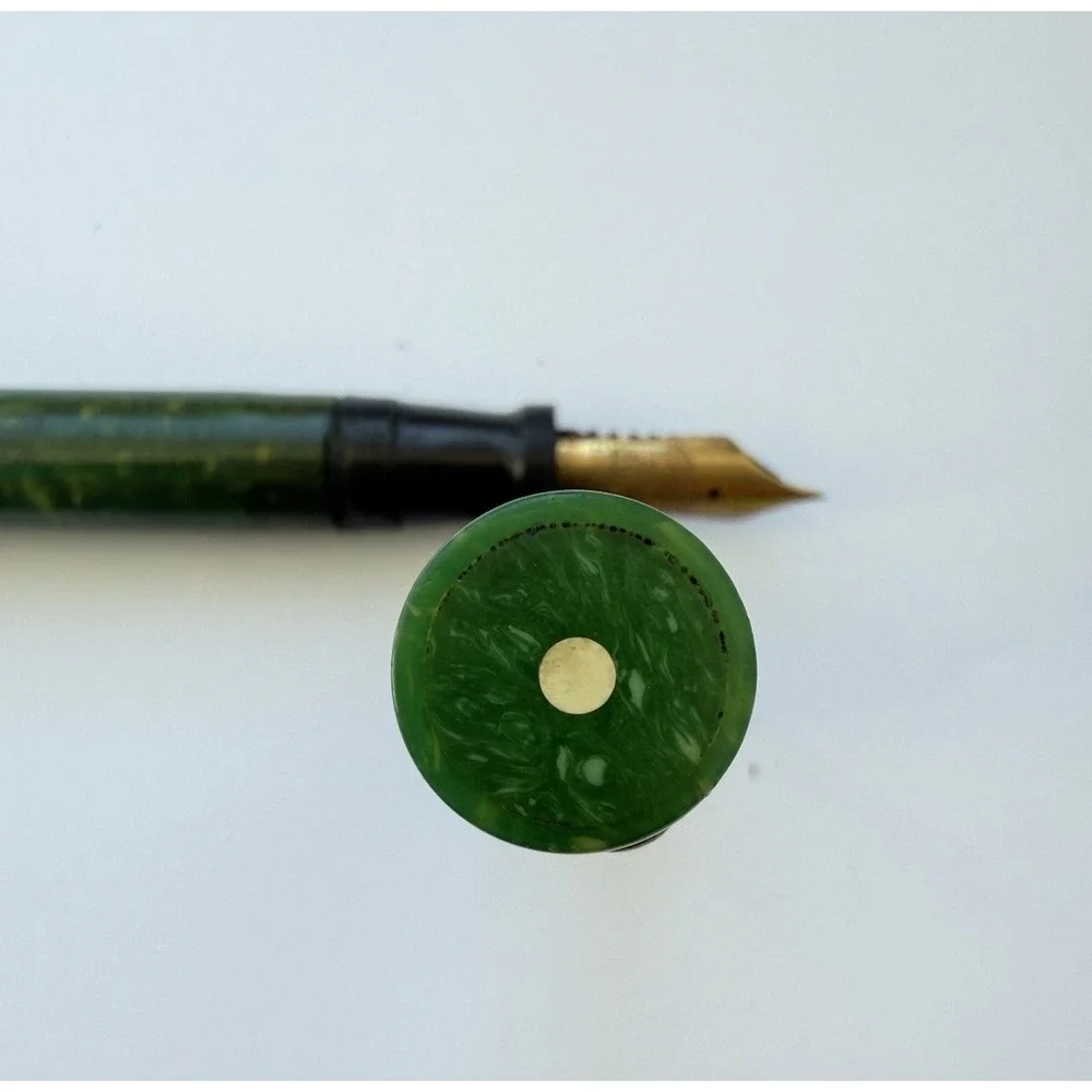 1920 Sheaffer Flat Top Full Sz 14k Nib Fountain Pen Jade Green Marbled White Dot